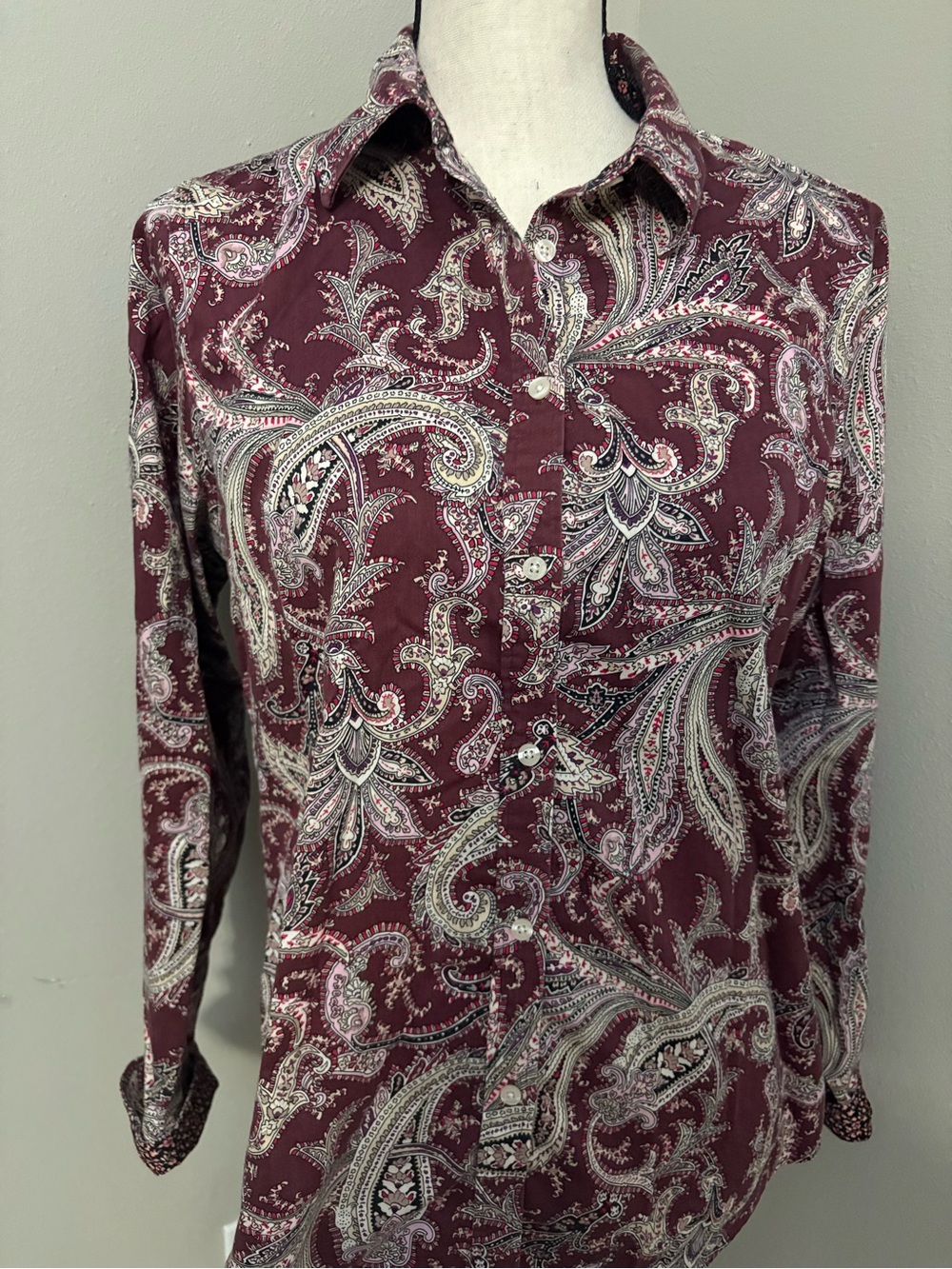 Chaps Ladies Burgundy Paisley Long Sleeve Button Down Shirt